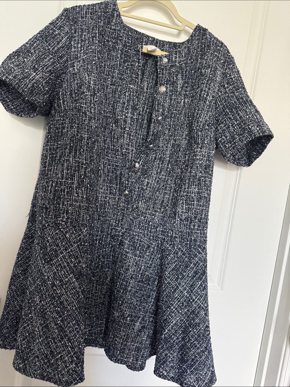 H&M Navy and White Tweed Short Sleeve Dress with Front Buttons
